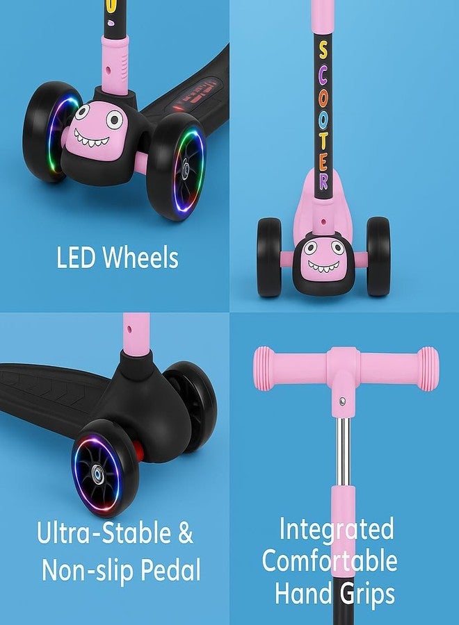 MLU Kids 3-Wheel Scooter with Flash Wheels, Adjustable Height Handlebar, Foldable Design, Cartoon Face for Boys & Girls (Pink) - Image 3